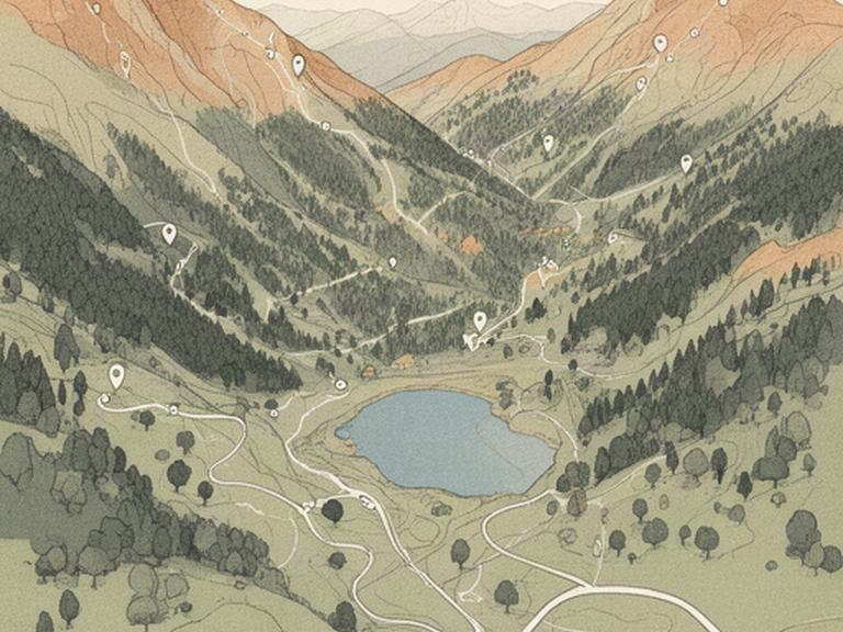 Ilustración topográfica del valle con senderos, bosque y lago cerca de Jaca