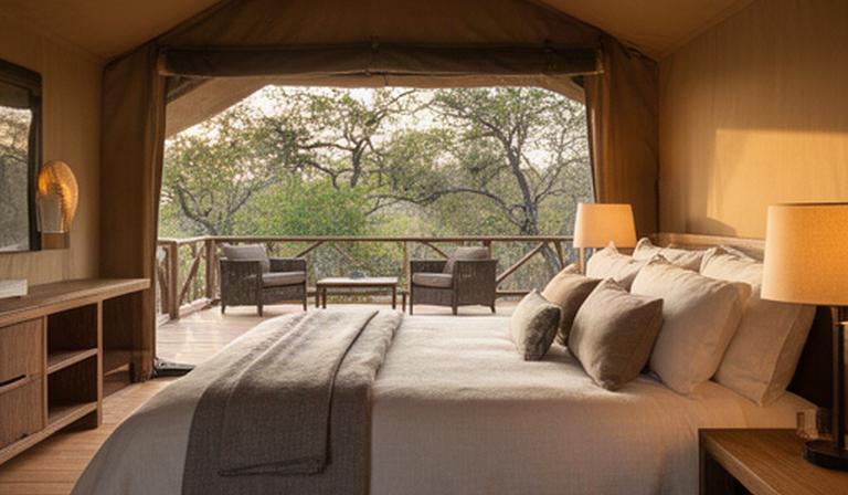 Interior de una tienda safari deluxe con cama grande, textiles naturales y terraza panorámica